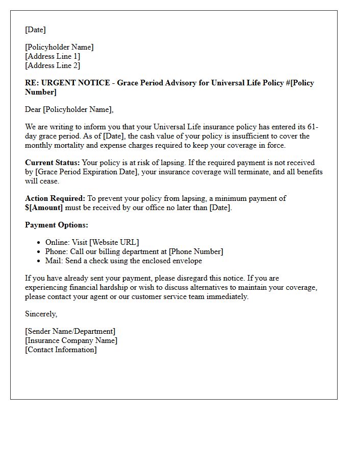 Urgent Universal Life Grace Period Advisory Letter