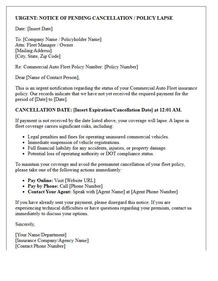 Urgent Commercial Auto Fleet Policy Lapse Warning Letter