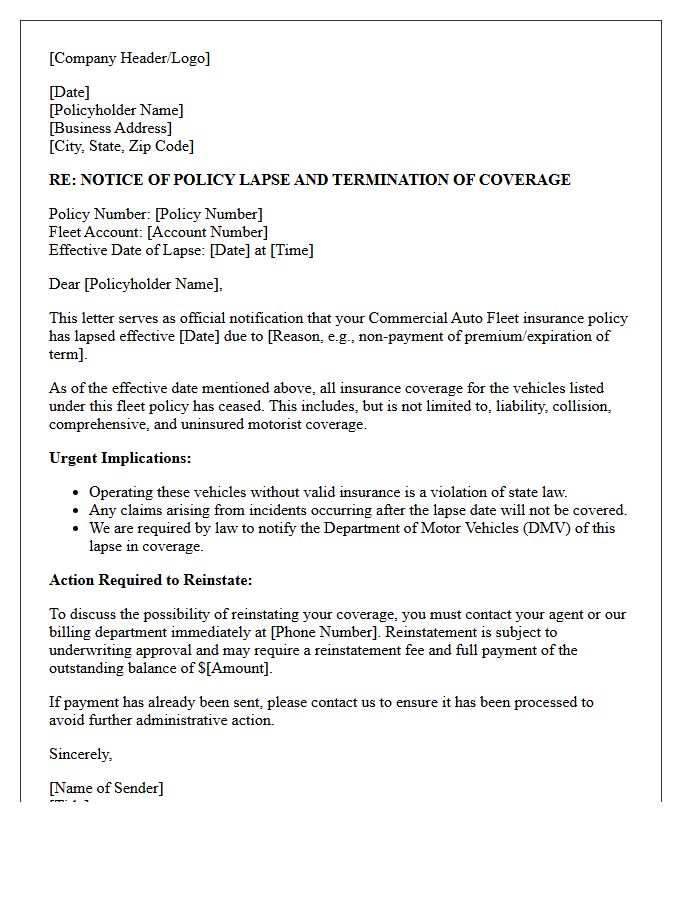 Official Commercial Auto Fleet Policy Lapse Notice Letter