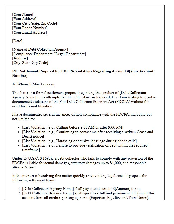 FDCPA Harassment Claim Settlement Proposal Letter