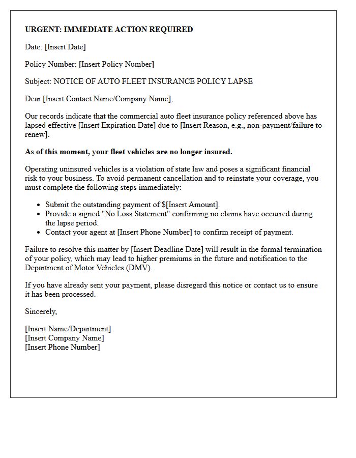 Immediate Action Required Auto Fleet Policy Lapse Letter