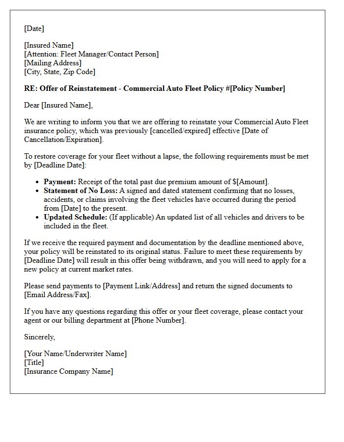 Commercial Auto Fleet Policy Reinstatement Offer Letter