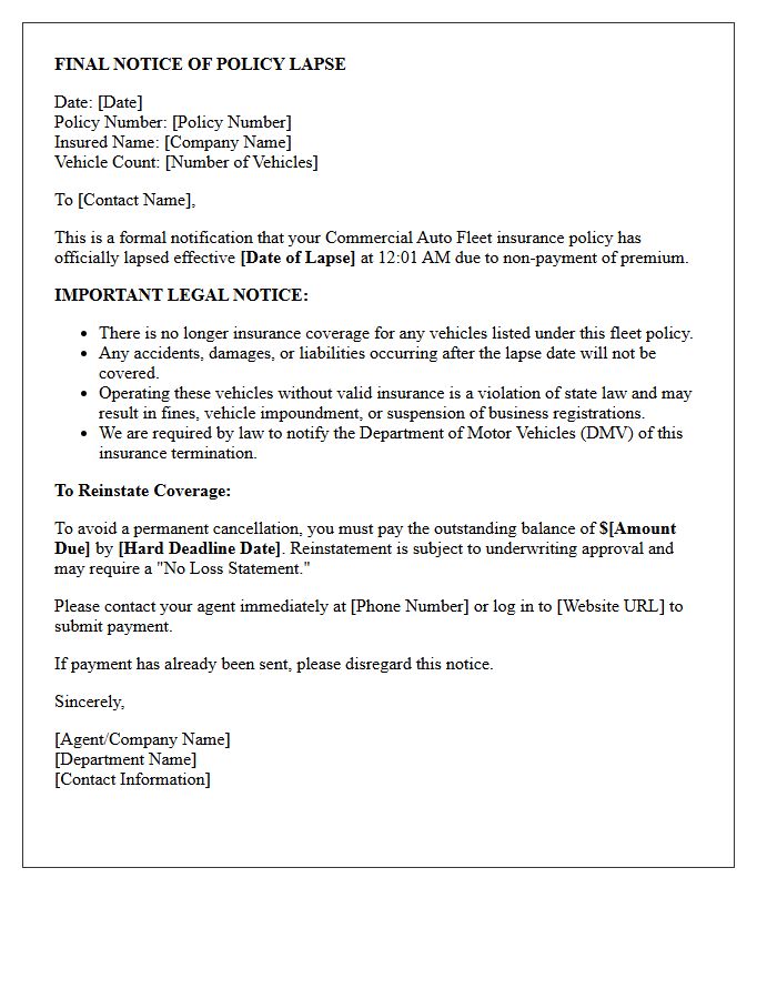 Final Notice Of Commercial Auto Fleet Policy Lapse Letter