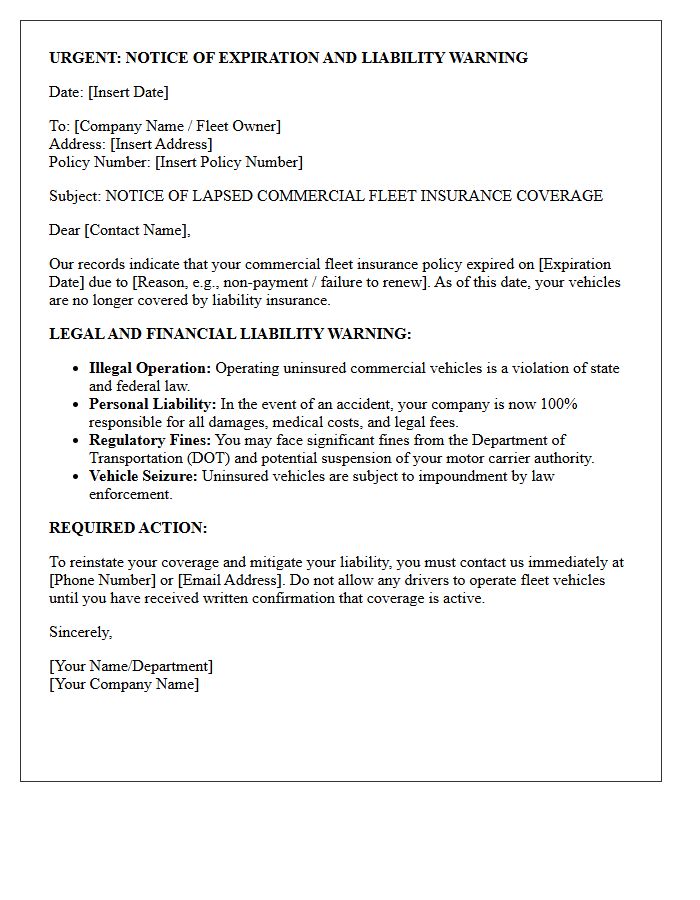 Lapsed Commercial Fleet Coverage Liability Warning Letter