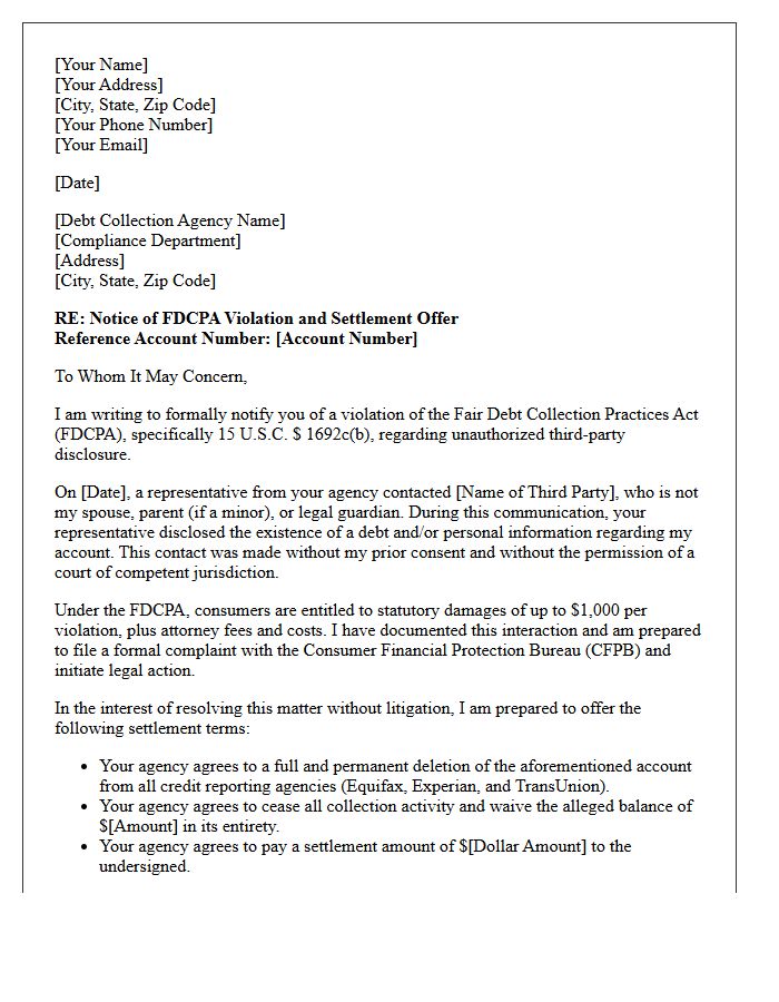 Third-Party Disclosure FDCPA Violation Settlement Letter