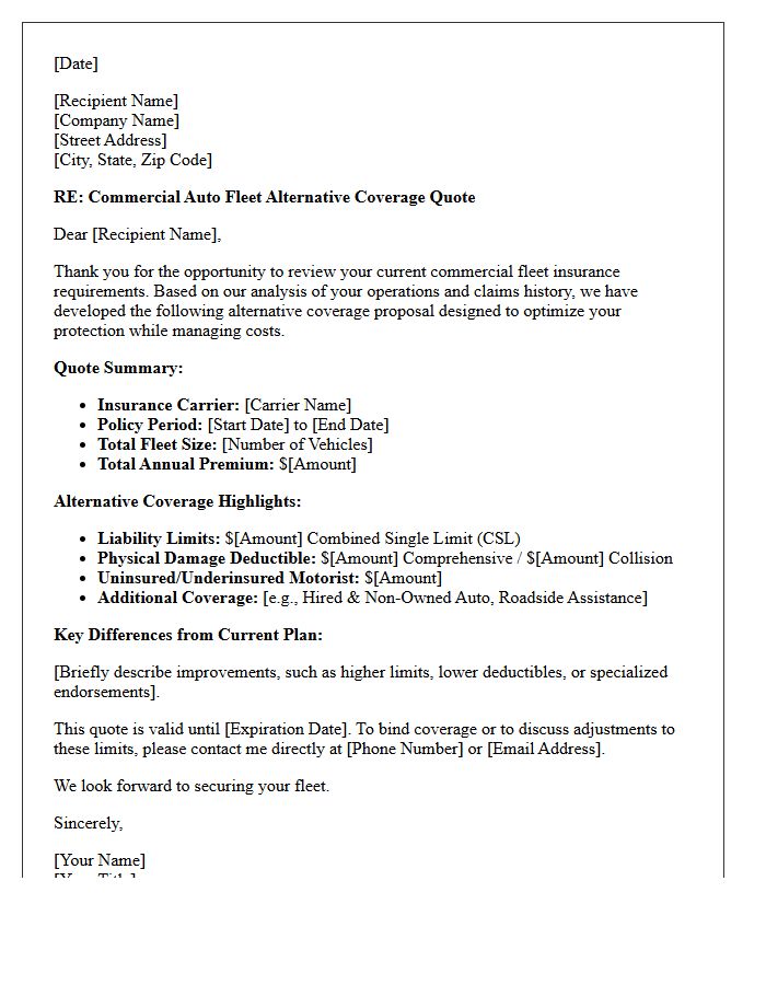 Commercial Auto Fleet Alternative Coverage Quote Letter