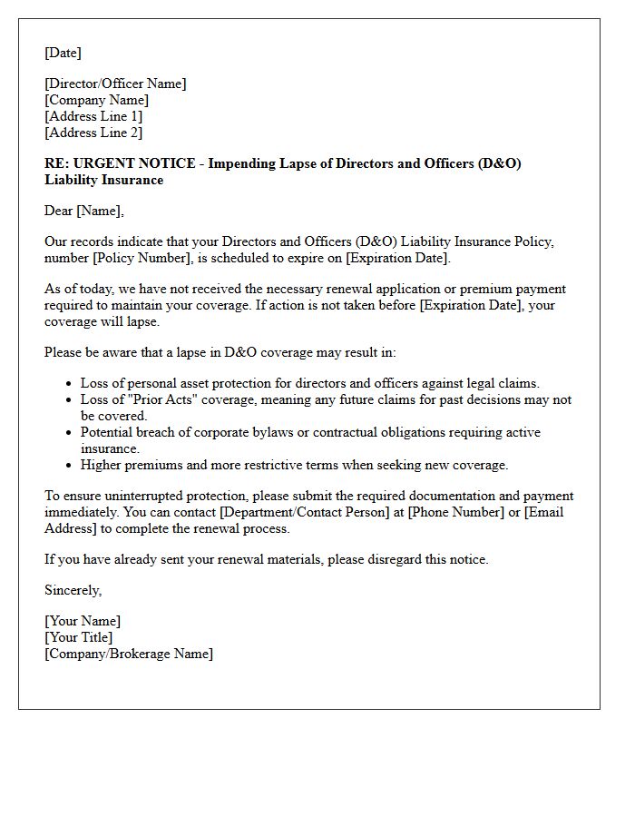 Directors and Officers Liability Policy Impending Lapse Warning Letter