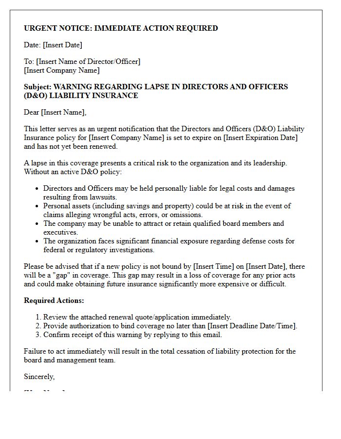 Urgent Warning Letter Regarding Directors and Officers Liability Lapse
