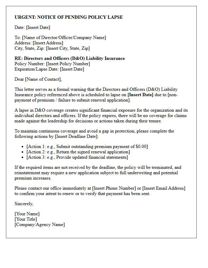 Notice of Pending Lapse Warning Letter for Directors and Officers Insurance