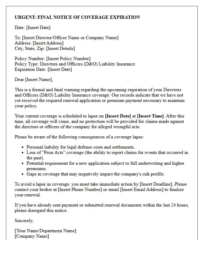 Directors and Officers Liability Final Coverage Lapse Warning Letter