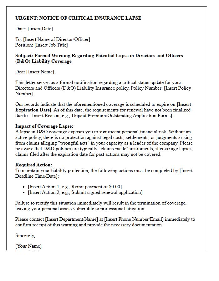 Critical Lapse Warning Letter for Directors and Officers Liability Protection