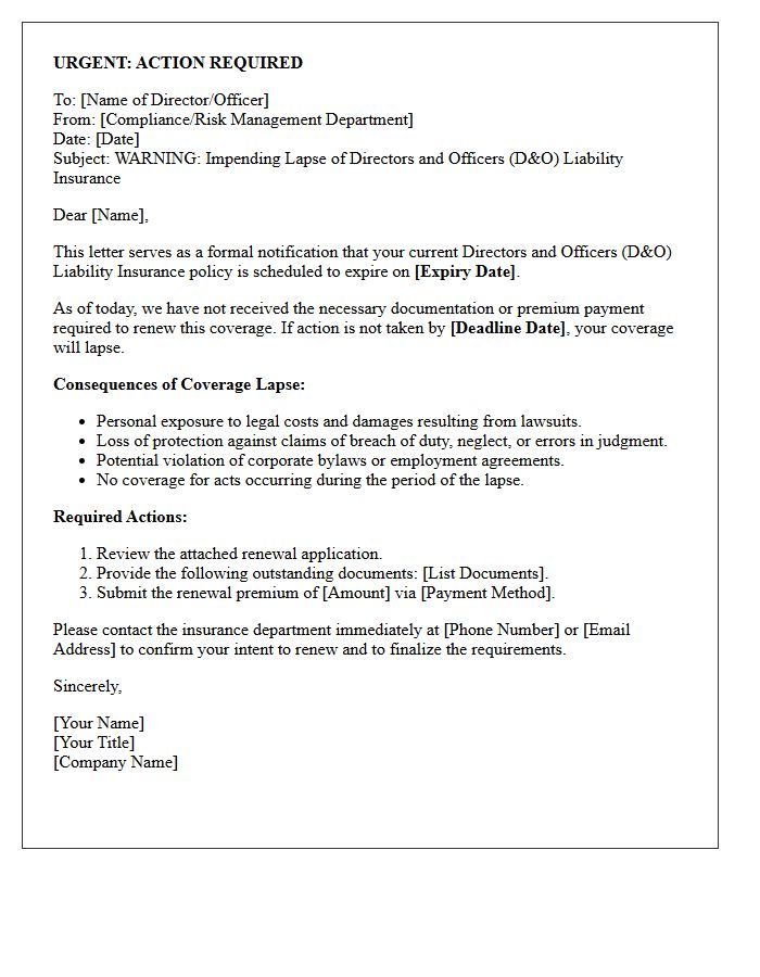 Action Required Letter for Directors and Officers Liability Lapse Warning