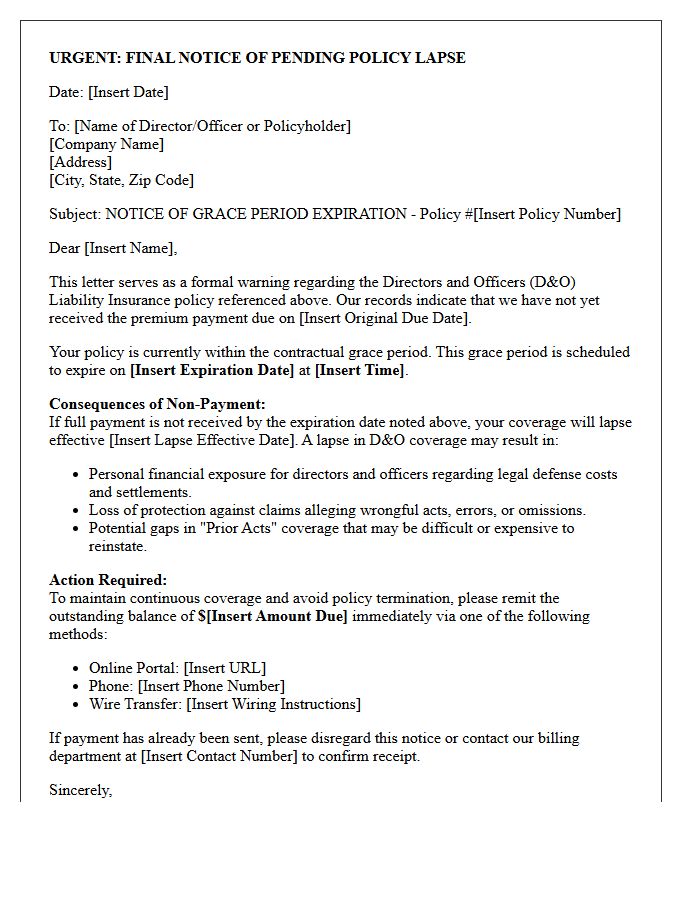 Directors and Officers Liability Grace Period Lapse Warning Letter
