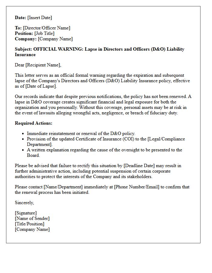 Official Warning Letter for Directors and Officers Insurance Lapse