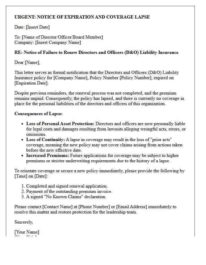 Directors and Officers Liability Renewal Failure and Lapse Warning Letter