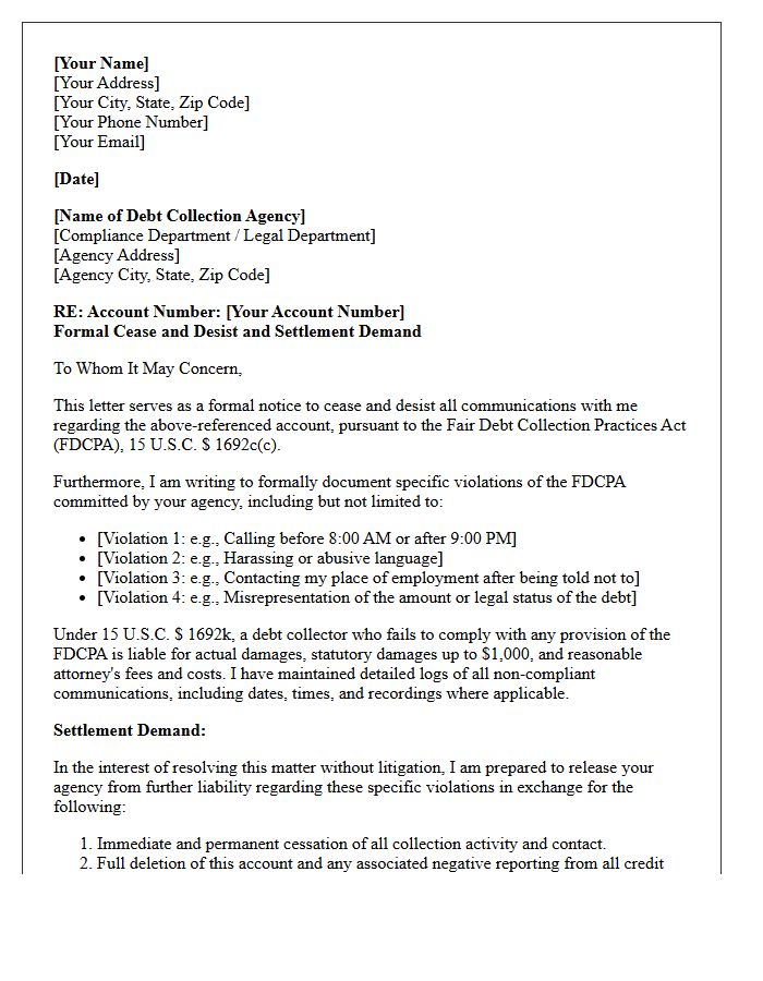Cease and Desist FDCPA Settlement Demand Letter