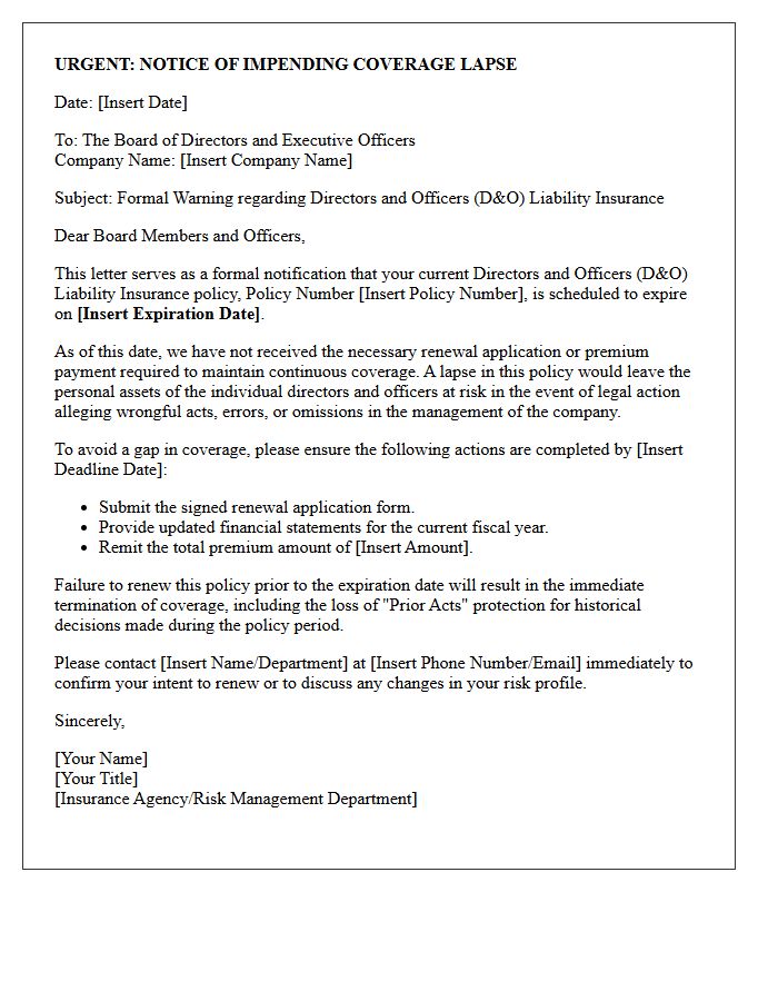 Executive Board Directors and Officers Liability Lapse Warning Letter