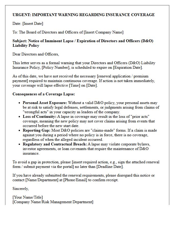 Important Warning Letter on Directors and Officers Liability Policy Lapse