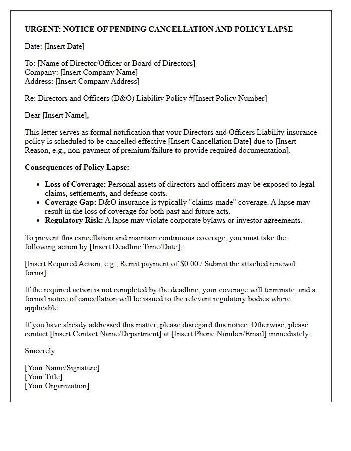 Directors and Officers Liability Cancellation and Lapse Warning Letter