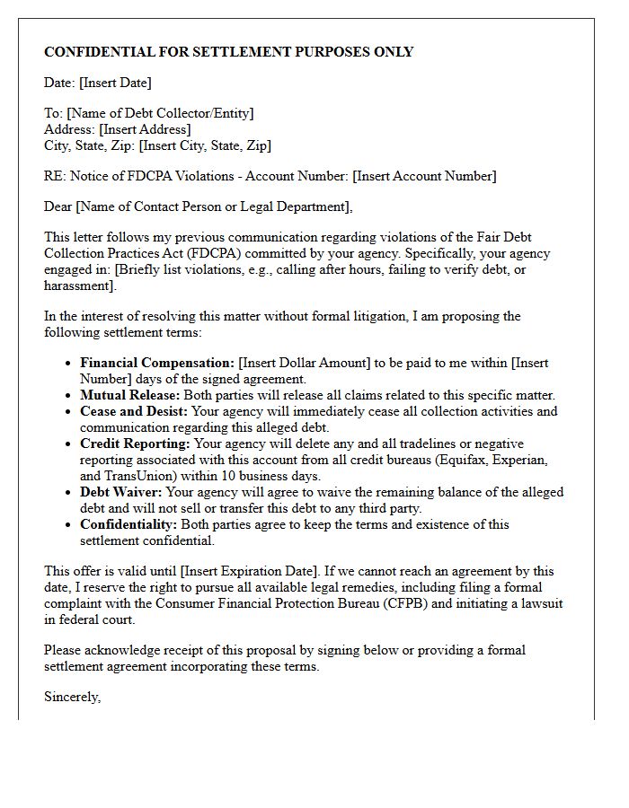 Confidential FDCPA Violation Settlement Terms Letter