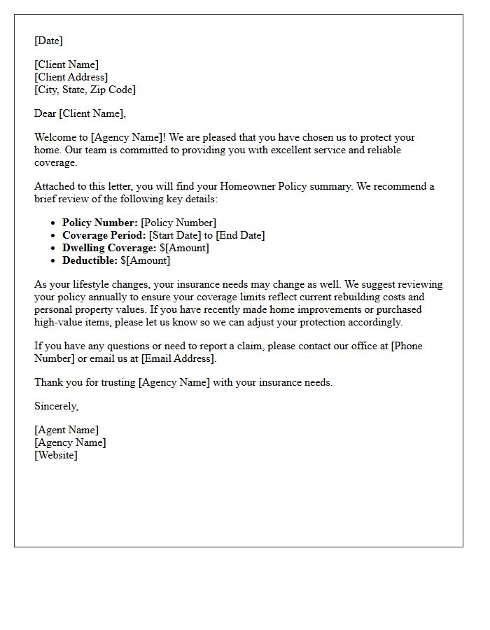 Insurance Agency Welcome and Homeowner Policy Review Letter