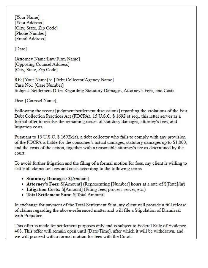 FDCPA Attorney Fees and Costs Settlement Letter