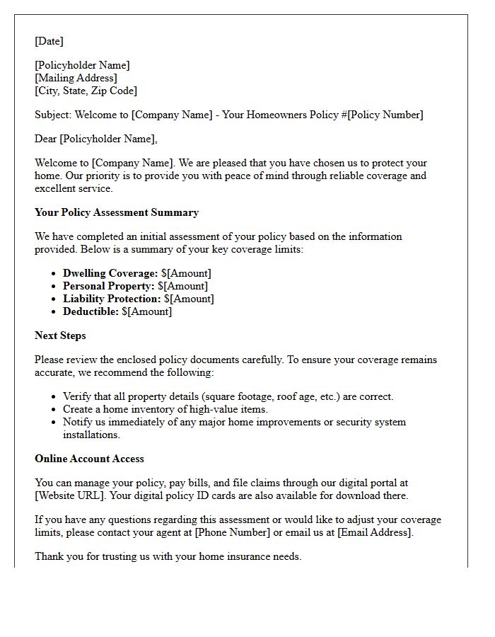 Homeowner Insurance Welcome and Policy Assessment Letter