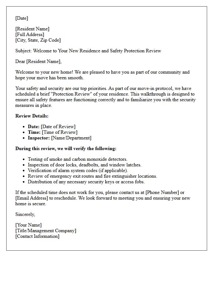 New Residence Welcome and Protection Review Letter
