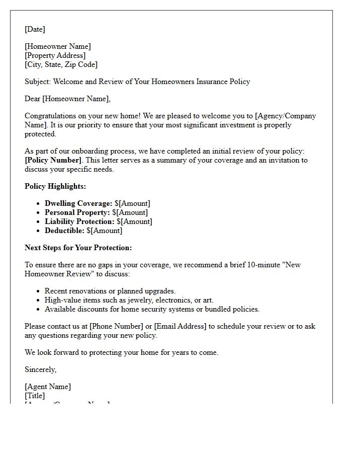 Policy Review and New Homeowner Onboarding Letter
