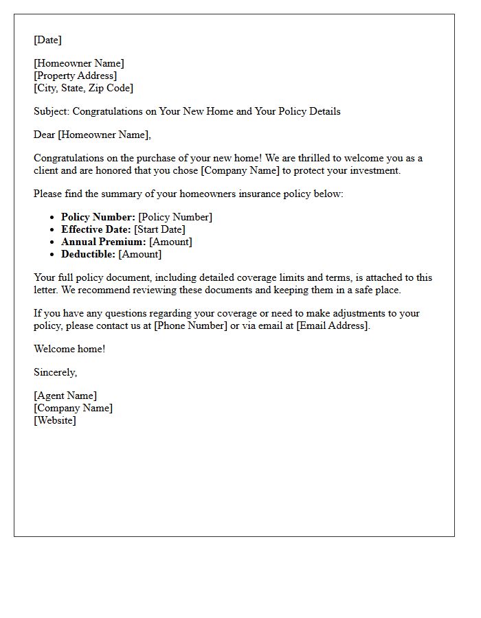 New Homeowner Congratulations and Policy Details Letter