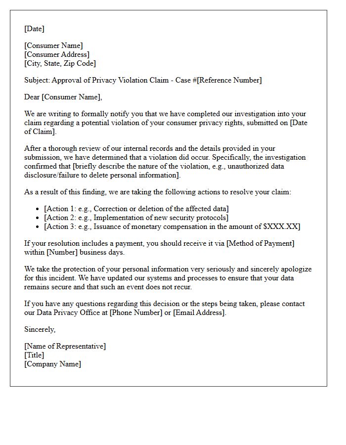 Consumer Privacy Violation Claim Approval Letter