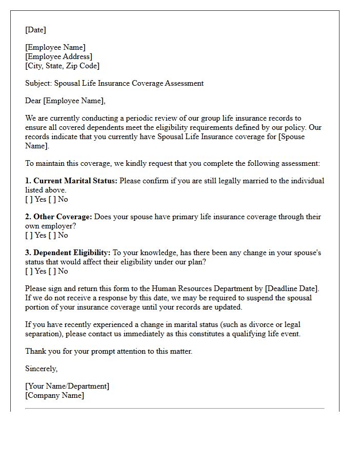 Spousal Life Insurance Coverage Assessment Letter