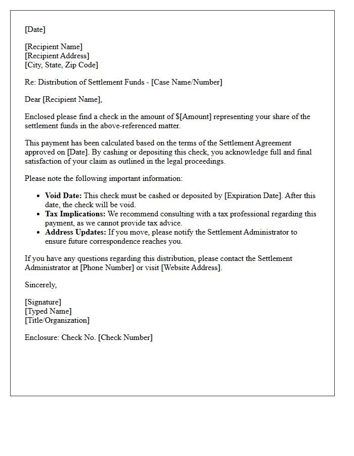 Settlement Fund Distribution Enclosure Letter