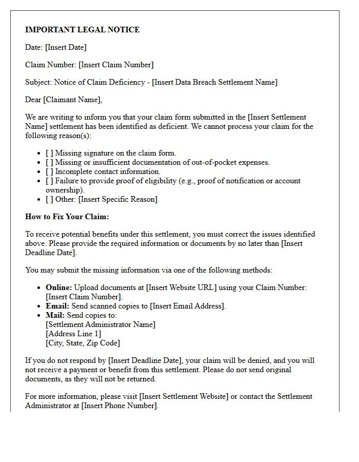 Data Breach Settlement Claim Deficiency Notification Letter