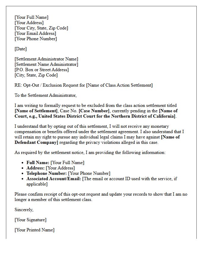Privacy Violation Settlement Opt-Out Confirmation Letter