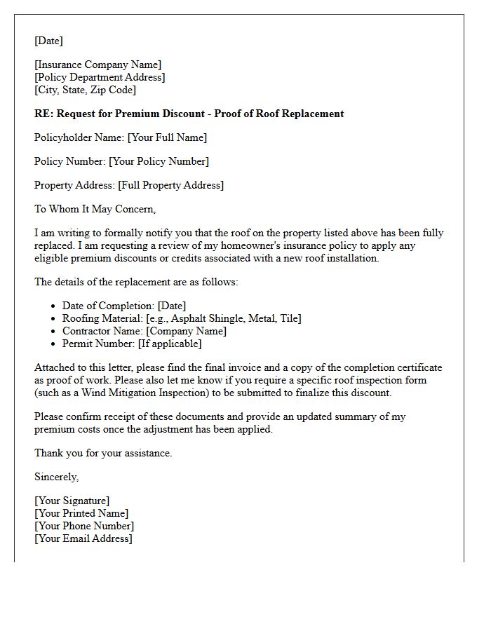 Homeowner Roof Replacement Premium Discount Letter