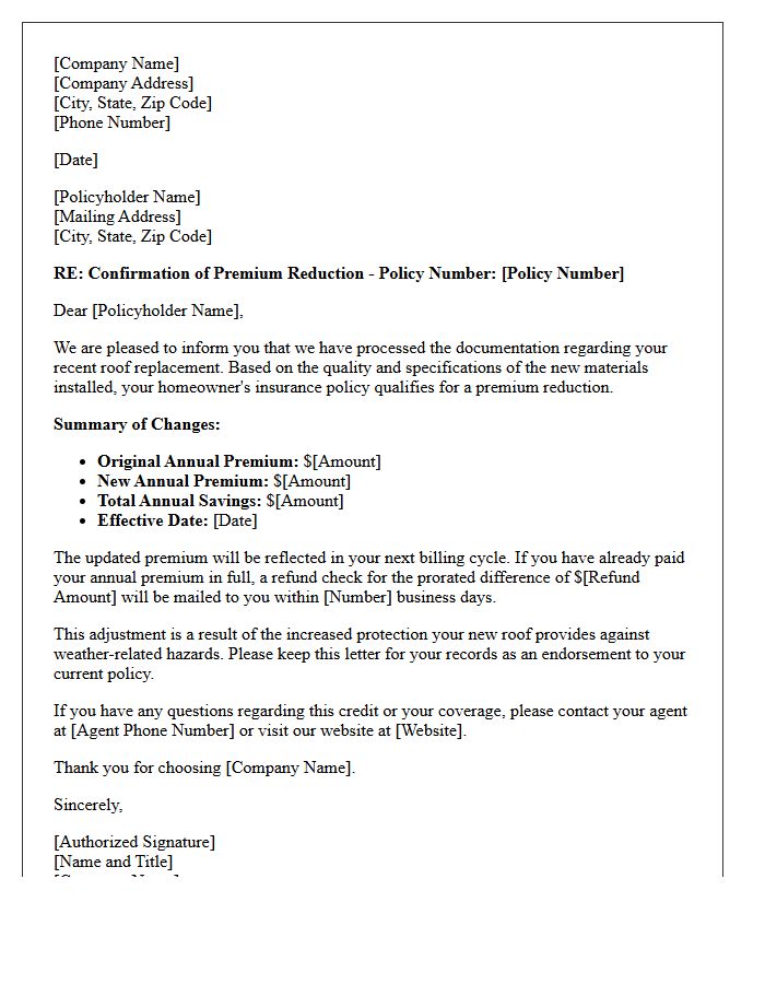 New Roof Premium Reduction Confirmation Letter