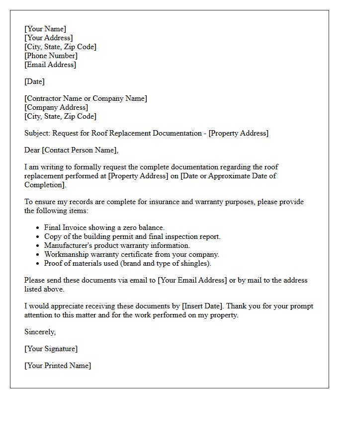 Request for Roof Replacement Documentation Letter