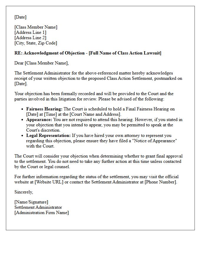 Class Member Settlement Objection Acknowledgment Letter