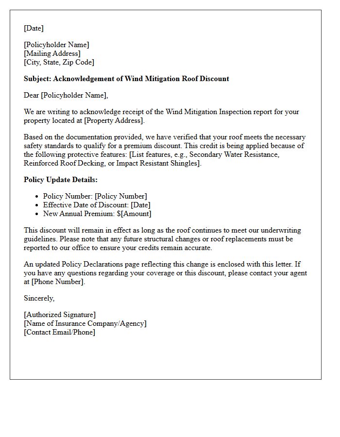 Wind Mitigation Roof Discount Acknowledgement Letter