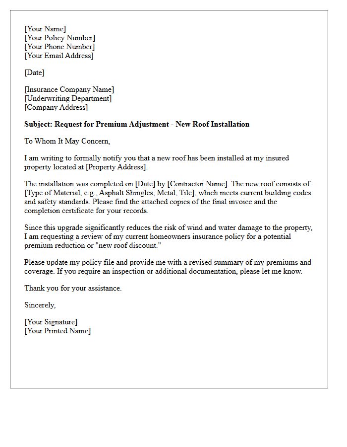 Insurance Premium Adjustment for New Roof Letter