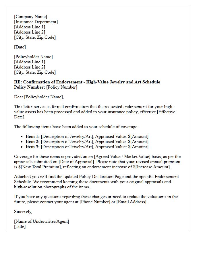 High-Value Jewelry and Art Endorsement Confirmation Letter