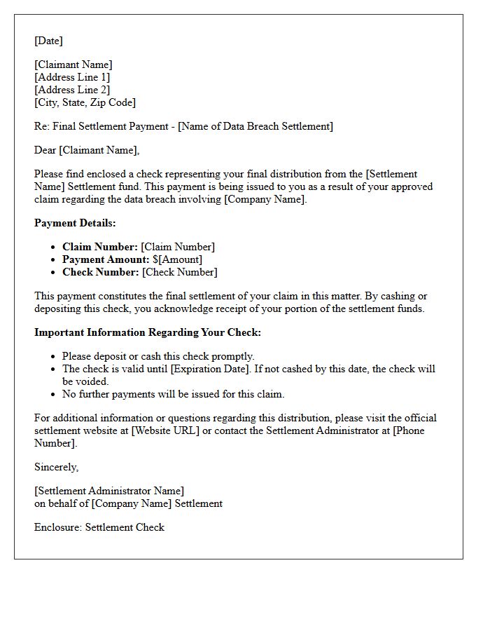 Final Data Breach Settlement Check Enclosure Letter