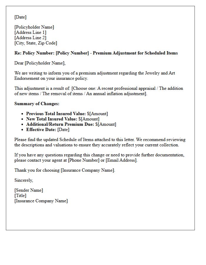 Jewelry and Art Endorsement Premium Adjustment Letter