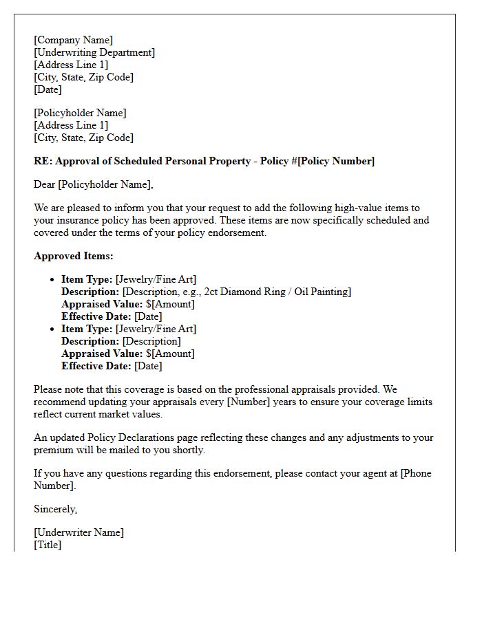 Scheduled High-Value Jewelry and Art Approval Letter