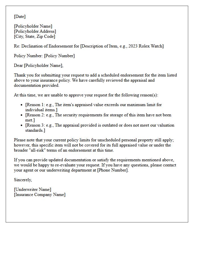 High-Value Item Endorsement Declination Letter
