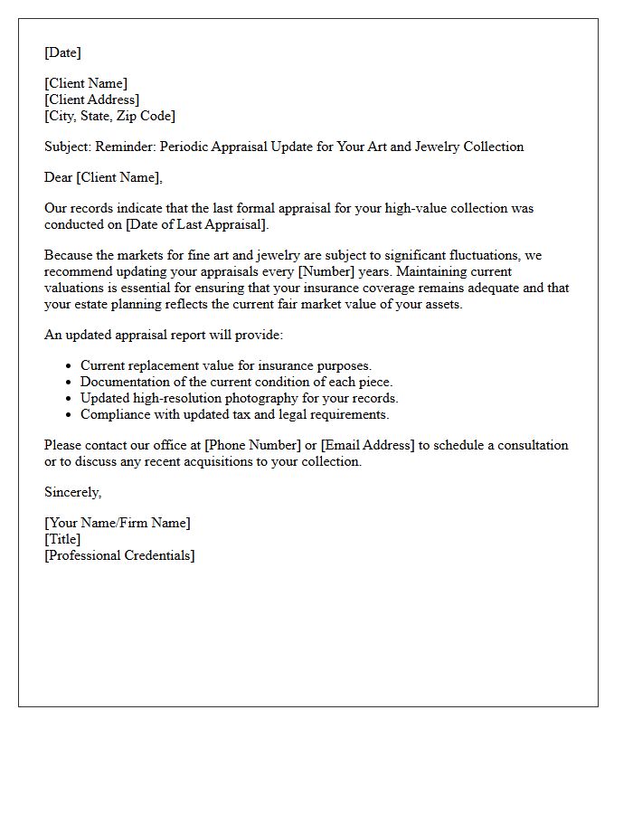 High-Value Art and Jewelry Appraisal Update Reminder Letter