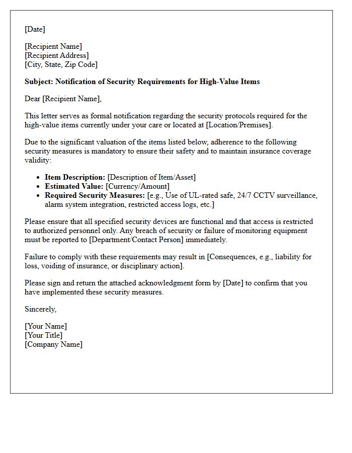 High-Value Item Security Requirement Notification Letter