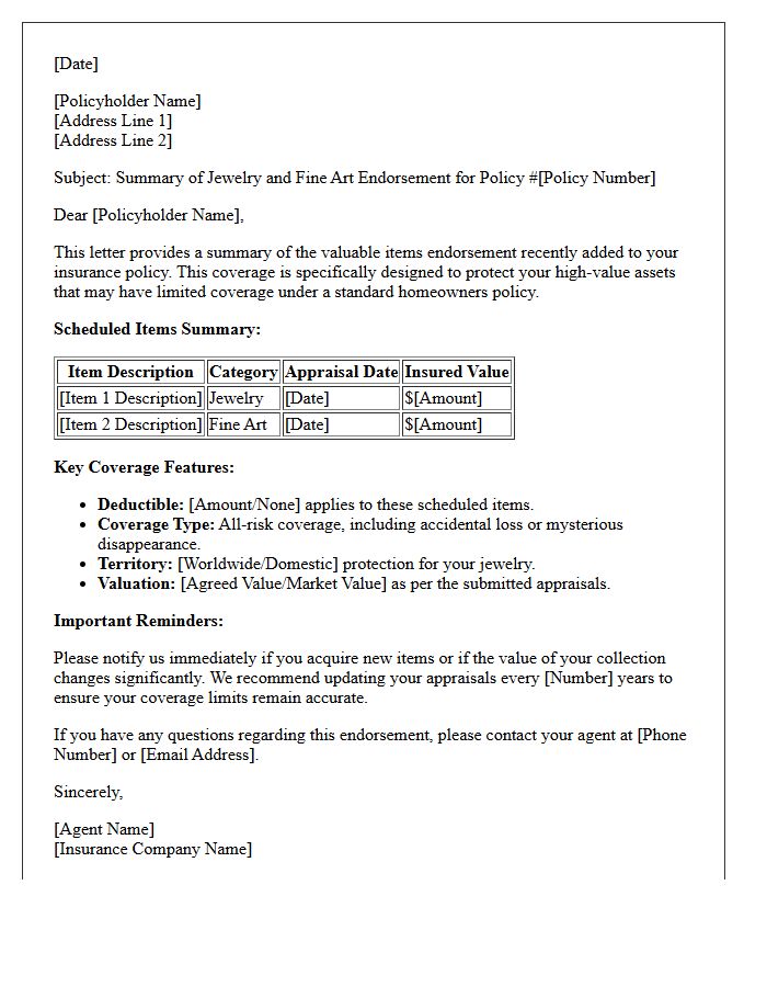 Jewelry and Fine Art Endorsement Policy Summary Letter