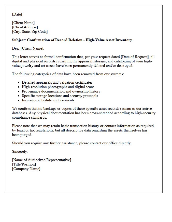 High-Value Jewelry and Art Deletion Confirmation Letter